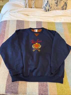 Vintage Ray-Ban Men's Navy Crewneck Sweatshirt with Embroidered Crest